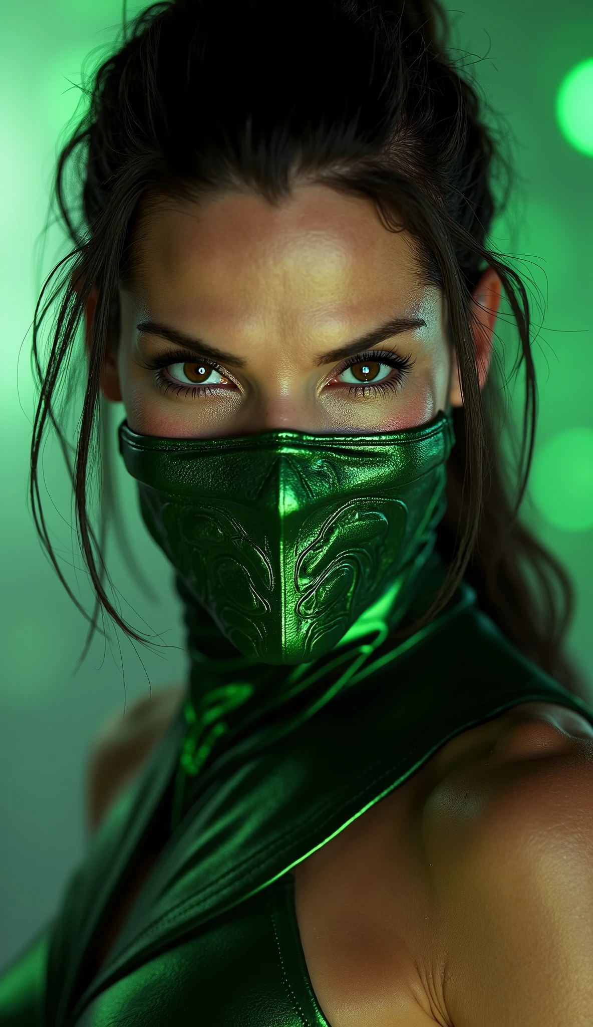 make Sandra Bullock like Jade from Mortal Kombat hyper realistic image, shiny metallic green mask, hyper realistic background with 8k textures close up upper body
