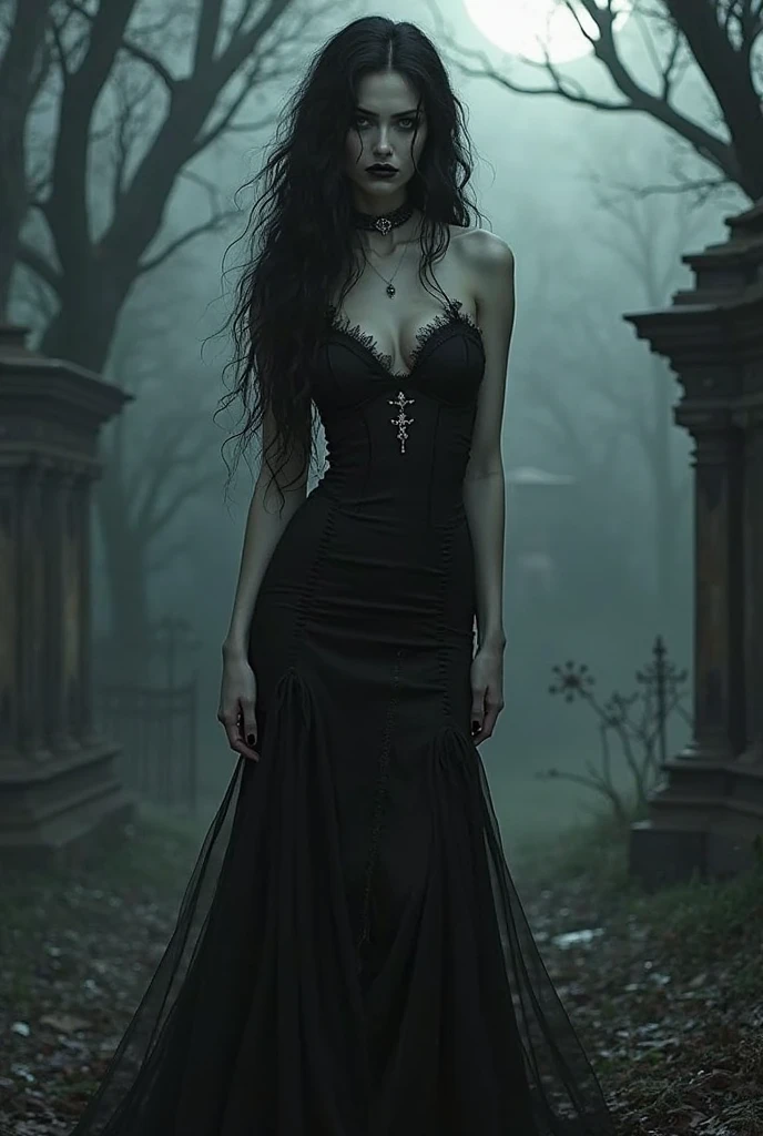 Artwork of a beautiful vampire woman with very red and chapped lips with tasting drops of blood in her mouth, has (((Long hair))) that reaches her waist, brown in color, wearing a long, tight black dress that highlights her slender figure, the environment is an abandoned cemetery (((very dark with full moon))) and gloomy in a (((rainy night))) very perfect and detailed high resolution image