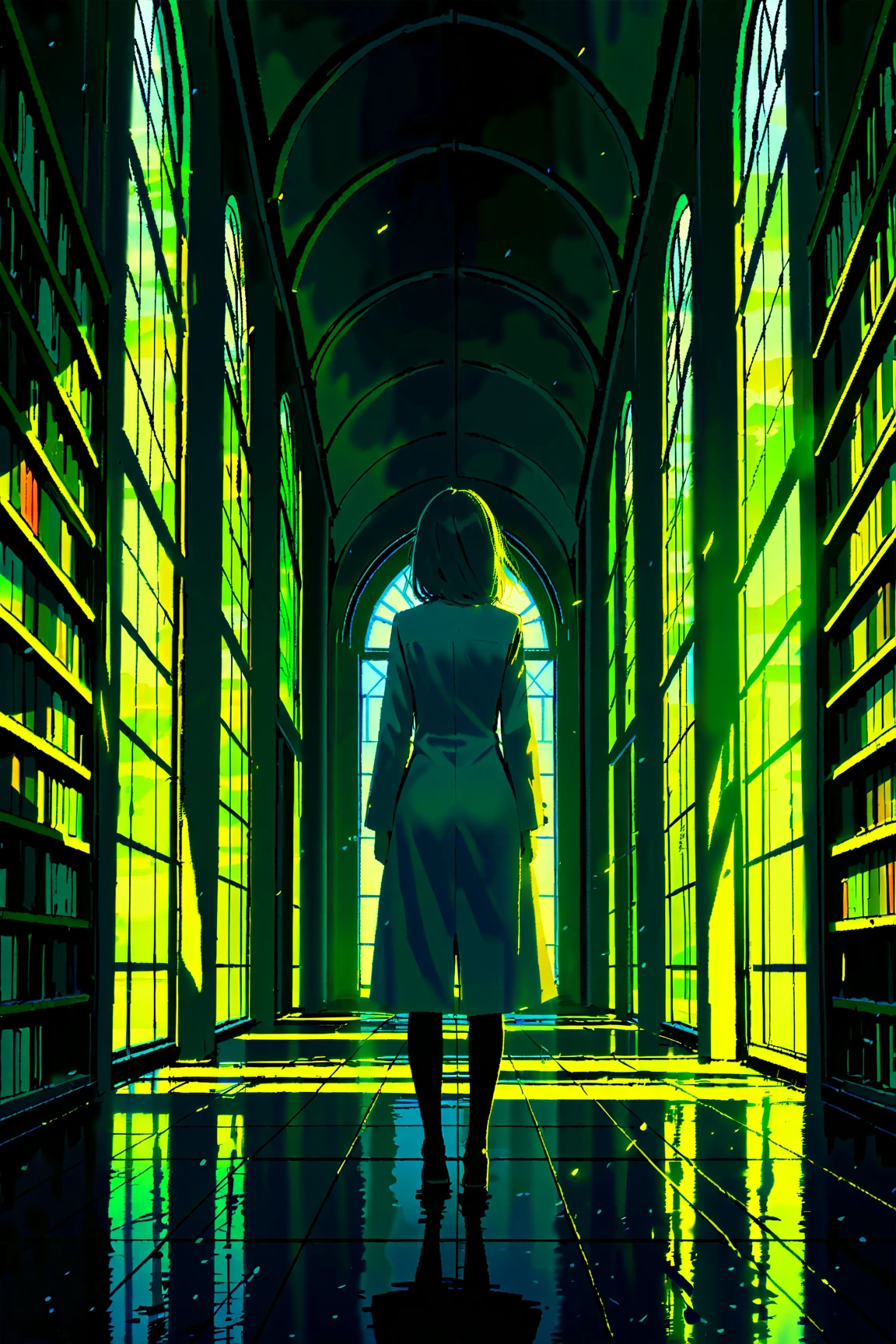 wide shot, cinematic composition,  over-the-shoulder, a young Japanese woman with very long silver-gray hair wearing a slightly worn white lab coat and glasses, standing still in shock, staring into a large circular void where a library used to be, her coat and hair slightly drifting in the wind, conveying a mix of awe and quiet dread, photo-realistic digital painting, 8k, ultra-detailed, perfect lighting and atmosphere, by WLOP and Greg Rutkowski, background: a destroyed stone library with books scattered at the edge, shelves cut cleanly off by an unnatural spatial hole; the void is pure black with faint glowing sigils around its rim; faint particles and motes of dust float in the dim air; ruined archways frame the scene, desaturated palette of gray, navy, and soft amber highlights, diffused ambient lighting with light shafts cutting through broken windows, best quality, masterpiece, trending on ArtStation and DeviantArt:1.5, moody atmosphere