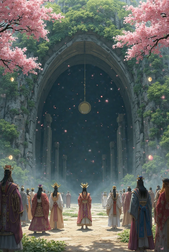 Image : Amaterasu_cave_color.jpeg - Les dieux rassemblés devant la caverne
Animation : Panoramique lent sur les différents dieux
Texte à l'écran : "Le plan des dieux"