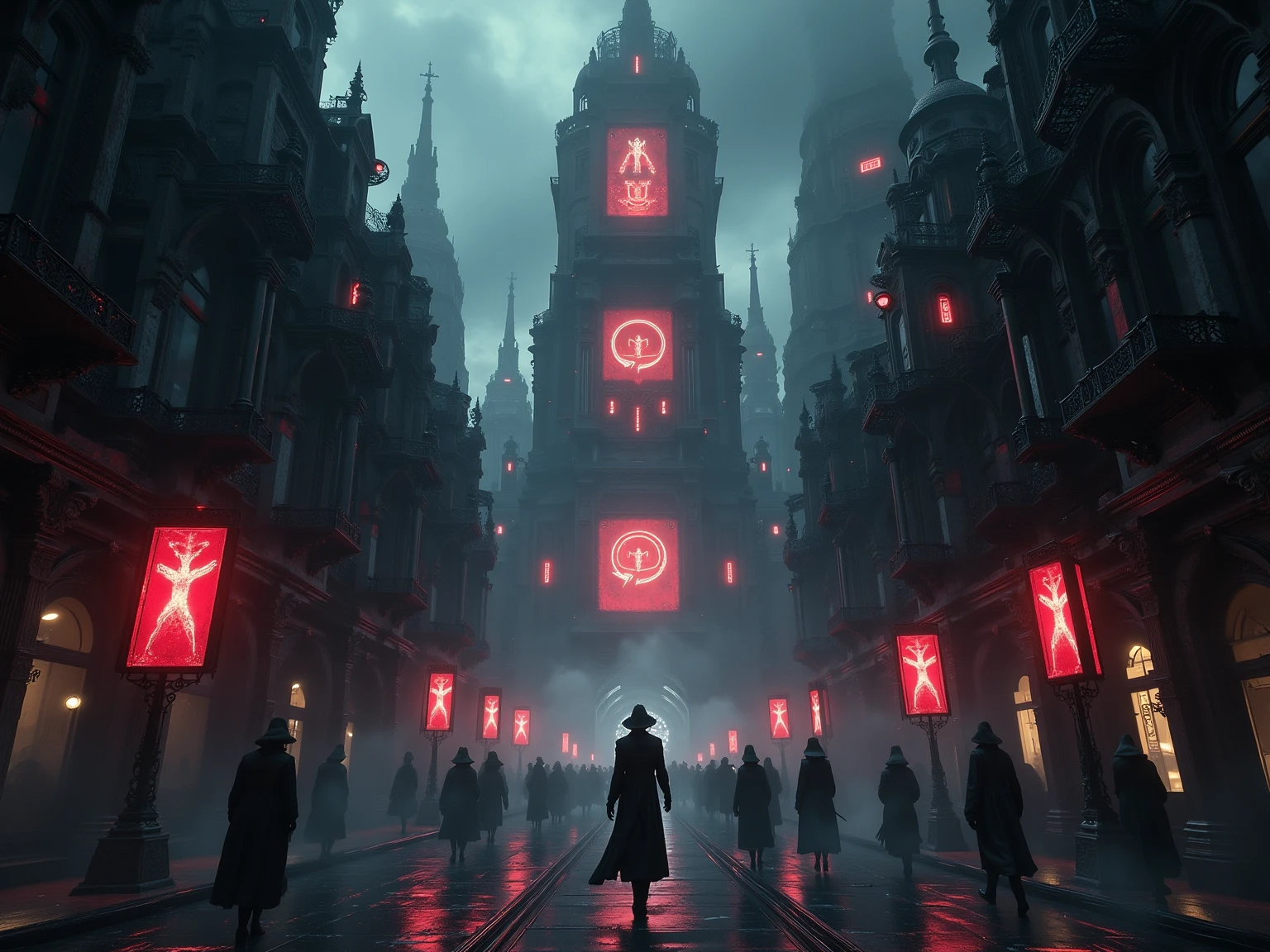 Dystopian futuristic city at dusk, towering dark metallic structures with gothic and industrial architectural elements — balconies, arched windows, tall columns. Thick fog and drifting smoke with subtle red glows. Red neon symbols and propaganda screens scattered across buildings, pulsing like veins. Streets filled with silhouettes of ordinary people in coats and hats, walking through the mist. The red light serves only as accent — dramatic, threatening, but not overwhelming. The city feels alive but tense. Wide 4:3 composition, cinematic lighting, high contrast shadows and light reflections.