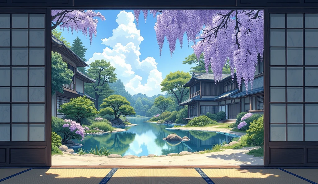 Garden seen from a Japanese Japanese-style room,tatami,Pool,Plants,purple wisteria flower,Sunlight,blue sky,cloud