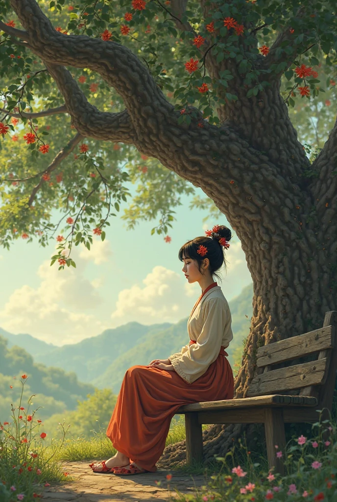 (AI Generated Image of Nwe sitting on a wooden bench under a Padauk tree, waiting, with Padauk flowers in her hair)