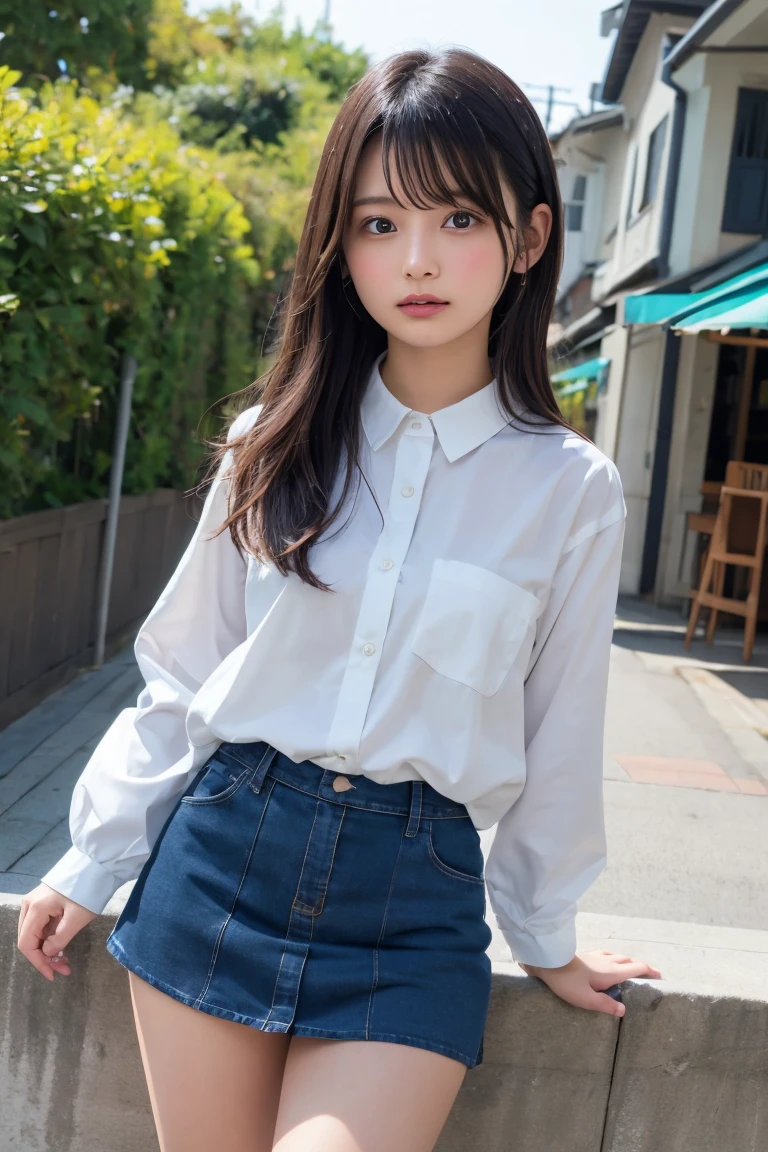 Best image quality, Focus, Soft light, Black hair, (Japanese)), (((Front, 15years old))), (Depth of field), Ultra high resolution, (Real: 1.4), RAW photo, ((school uniform, collared shirts, white shirts, short sleeve, tie, short skirt)), smiling face