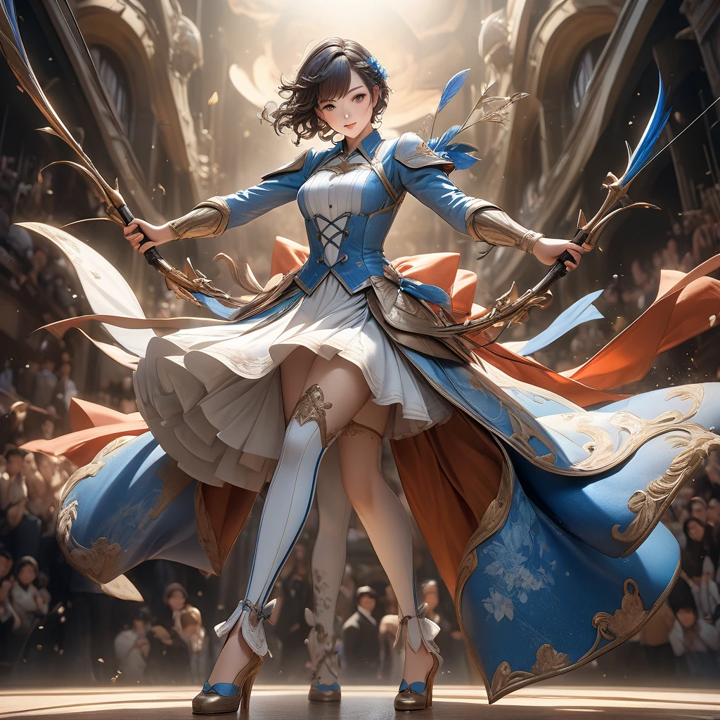 create a new style by merging different styles, 
Various techniques used to create a delicate yet bold composition々We combine techniques , 
The charming archer,  shoot something unexpected with a bow, Shoot at the audience, 
dynamic shot, Ankles inside the frame, 
 Detailed and Realistic Textures , Professional Artwork, Fine spray work, powder coating for a three-dimensional look,