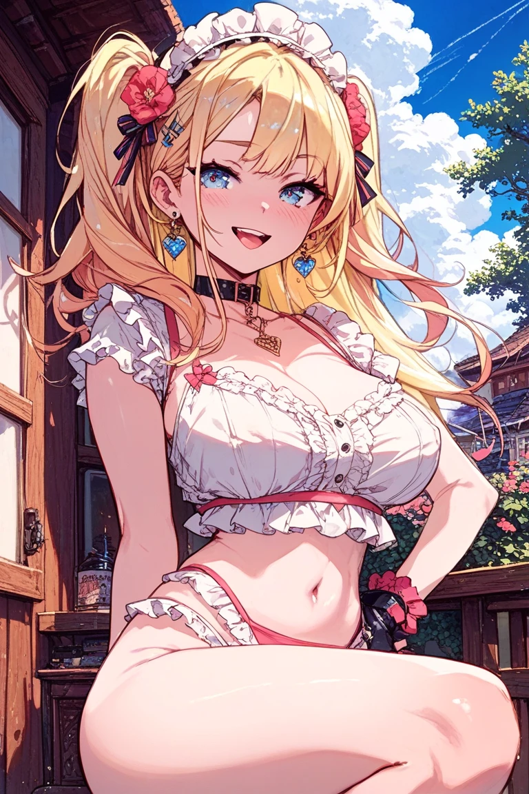 ((highest quality)), ((masterpiece)), ((Perfect Face))、((the skirt is rolled up))、((Showing panties))、((Revealing underwear))、(((Heart mark on the eyes)))、Blonde、ponytail、orgasm、Flushed face、Sweaty all over、Ahegao、dress