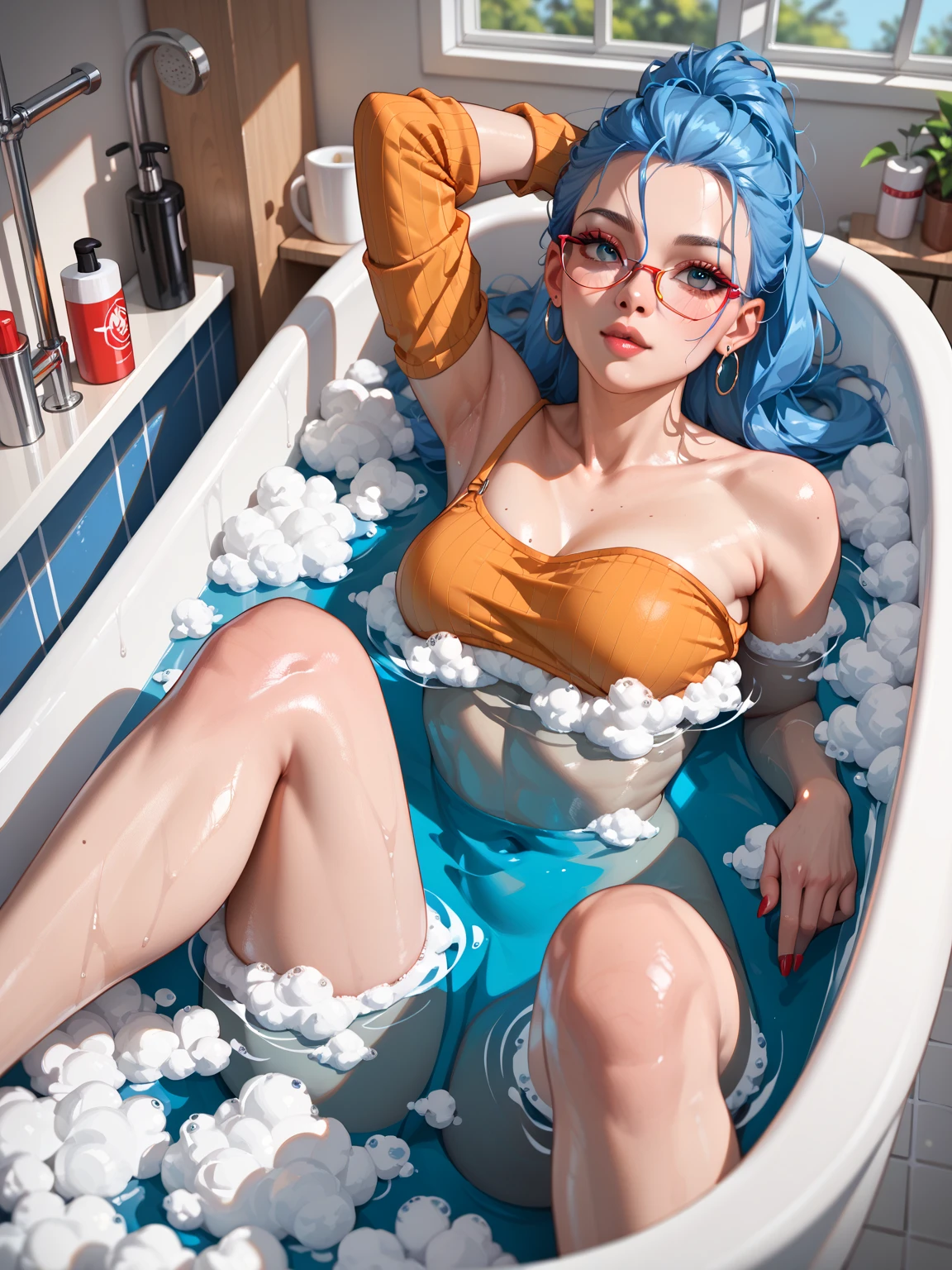 woman character: (Bulma briefs) short hair in afro style, scene she is in a bathtub bathing, the water covers her entire body with foam, only her breasts are visible, shapely and large breasts, Her hands rest on the bathtub, she looks all wet and sweaty., : He is in the bathroom bathing in the tub , While he leans on the tub with his hands you can see his armpits