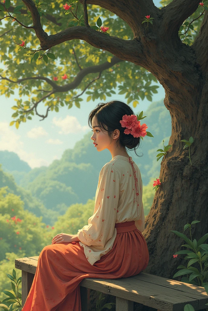 (AI Generated Image of Nwe sitting on a wooden bench under a Padauk tree, waiting, with Padauk flowers in her hair)