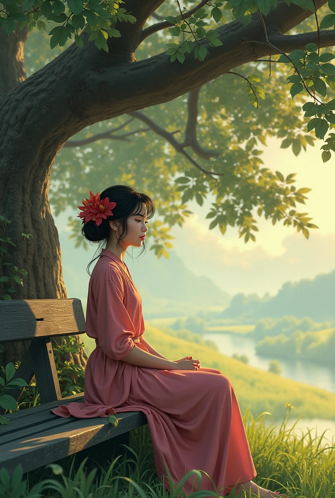 (AI Generated Image of Nwe sitting on a wooden bench under a Padauk tree, waiting, with Padauk flowers in her hair)