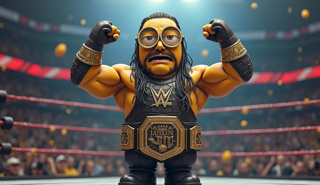 Fat Cartoon Earthworm dressed like WWE wrestler Earthquake
Fat Cartoon tang fish body. Cartoon tang fish head. Cartoon tang fish arms. Cartoon tang fish legs.
Long black mullet hair.
Black mustache. Bushy black beard.
Black, red, and white wrestling singlet. Red kneepads. Black wrestling boots.
Standing in a wrestling ring.