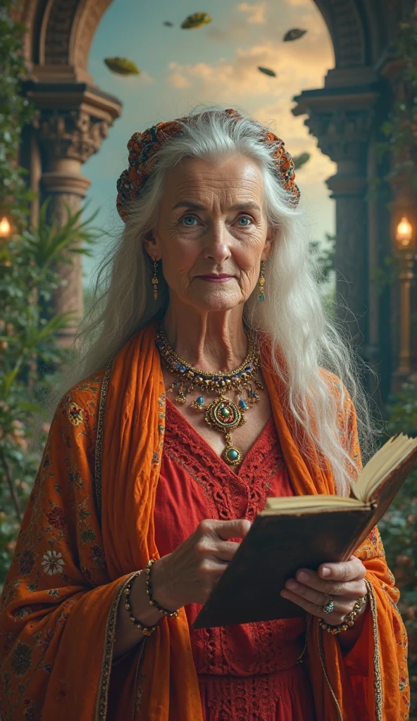 A cinematic photo of an elderly woman with wisdom and mystique, standing in a beautiful magical room in a holy palace. She is holding a deep red sparkling tarot card and a book. The overall ambiance is cinematic and captivating, with a 8k resolution. The woman's eyes sparkle with intelligence and warmth, looking straight at the camera. She has a white face and deep blue eyes. She wears jewelery, including a necklace and earrings. She also wears a orange scarf with handcraft on it, wrapped around her head. She has long white hair and wears a red dress. The background is a magical, room with floating islands, lush greenery, and a serene sky.High Resolution, Long Hair,