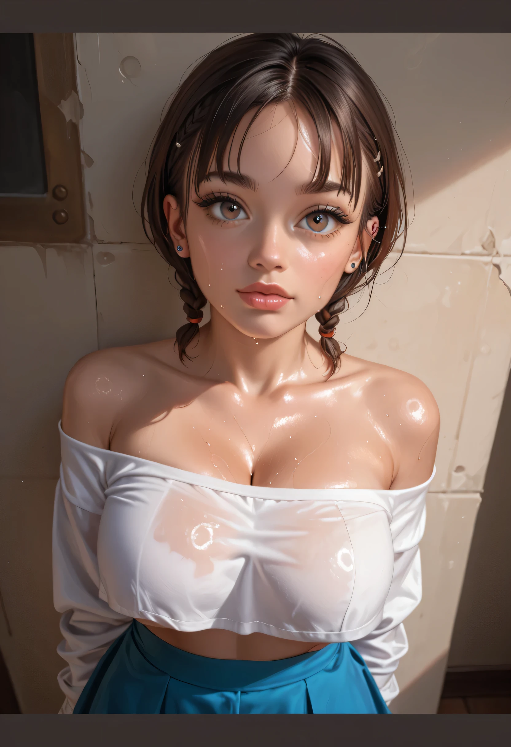 close-up pov. realistic. photorealism. kabedon. extreme high angle shot. (looking up at you). sharp focus on her face. sweaty. a short young school girl looks up at you from against a hallway wall as you tower over her. her arms are wrapped around the viewer. cleavage. no bra. glistening chest. large breasts. innocent look. big eyes. detailed face. thin waist, (youthful looking face). black shoulder length hair. midriff. underboob. off-shoulder shirt. brown skin. thin lips. body piercings. thong. low cut. slim body. slim shoulders.