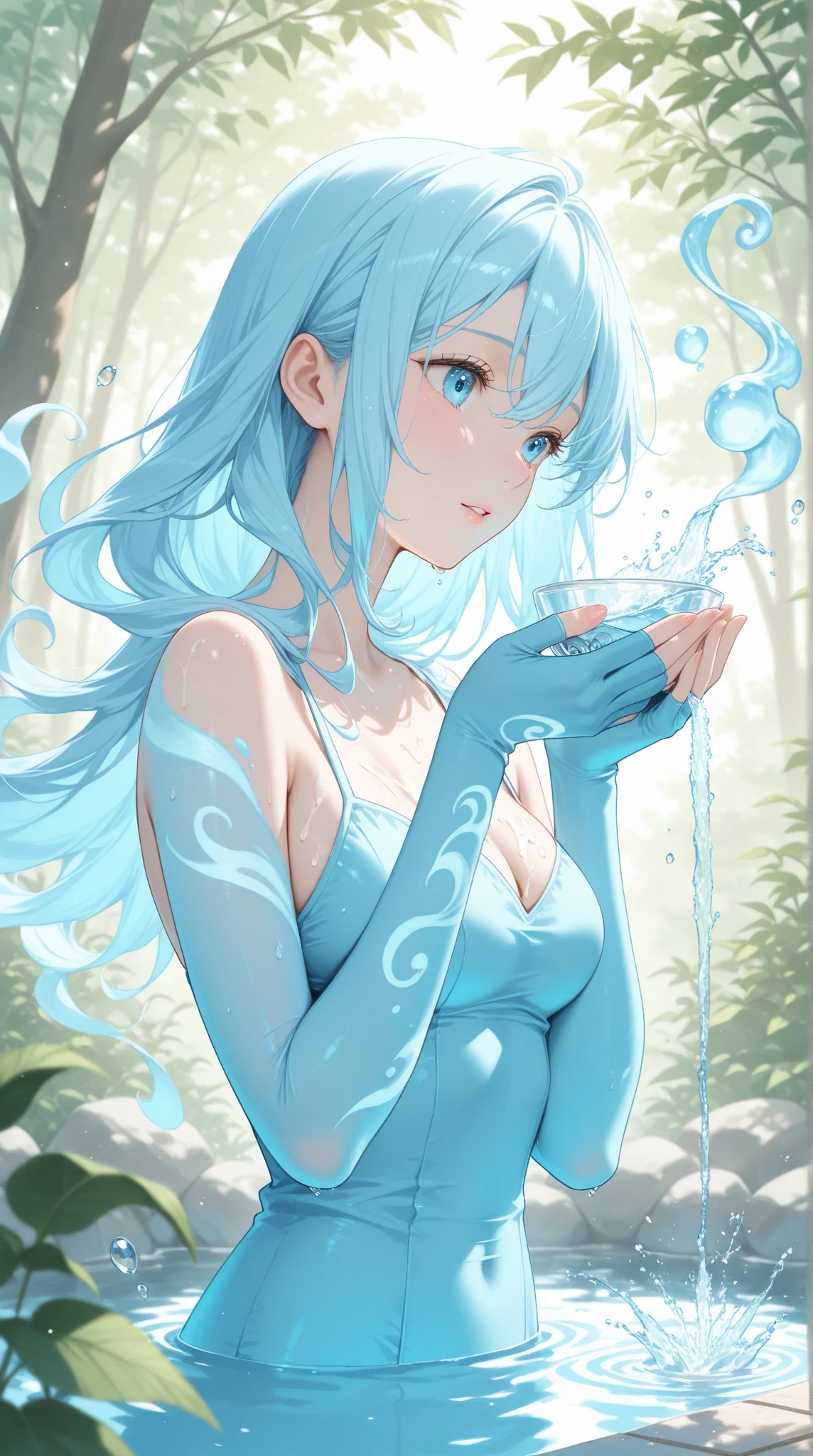 water nymph,naiad,dripping wet,(body made of water,seethrough,transparent light Blue skin, submerged underwater, floating),beautiful detailed eyes,beautiful detailed lips,sitting in a fountain,bubbles,rippling water surface,wavy hair,glimmering sunlight dancing on water,sparkling droplets,ethereal beauty,floating gracefully,serene expression,misty atmosphere,soft focus,underwater ambiance,lush green plants surrounding the fountain,peaceful and tranquil setting