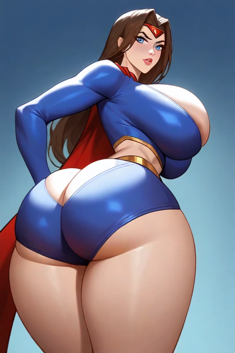 score_9_up, score_8_up, score_7_up, 1girl, solo, source_anime, hourglass figure, Big breasts, kemonomimi, bear ears, brown hair, short hair, messy_hair, blue eyes BREAK freckles, (cosplay), super girl cosplay, super hero, white bodysuit, cleavage cutout, red cape, blue gloves, pov hands, Open mouth, embarrased, front view, grabbing another's butt, standing, from behind, looking back, butt, outdoors, brick wall, daytime 