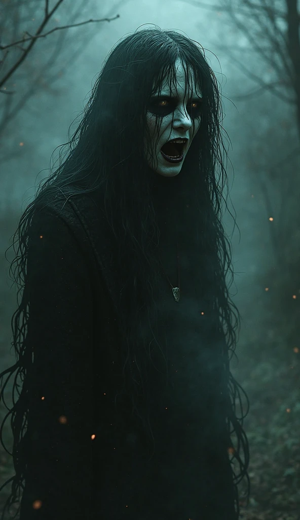 A ghost-like man with a gloomy face , a long smile and curly hair