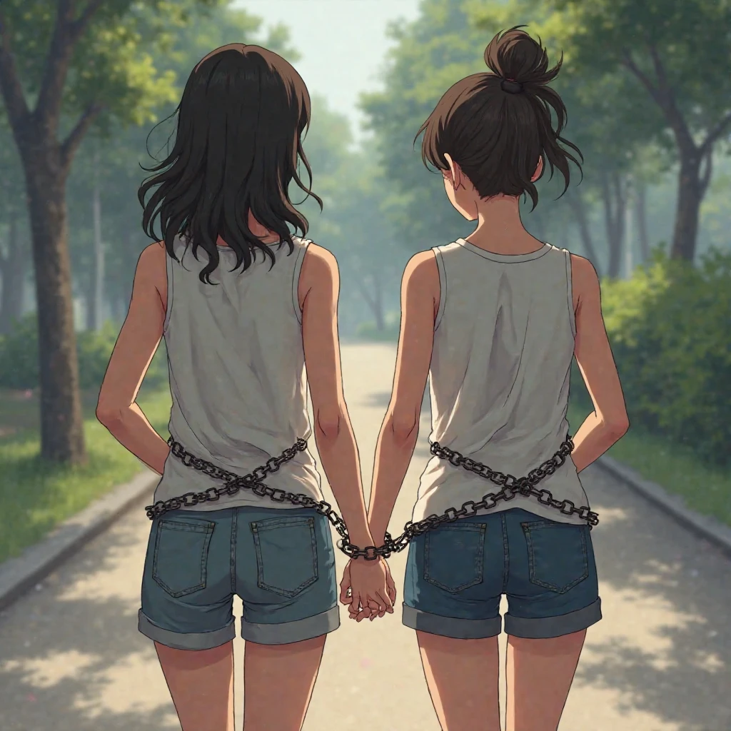  40-year-old mother ,  con -yeld sond 18-year-old daughter,  sleeveless t-shirt,  Bermuda , All three have their hands behind their backs , chained, rear view, anime, walking,  embarrassed 