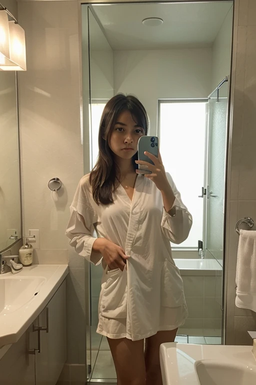 Girl taking selfie in bathroom, clothes on