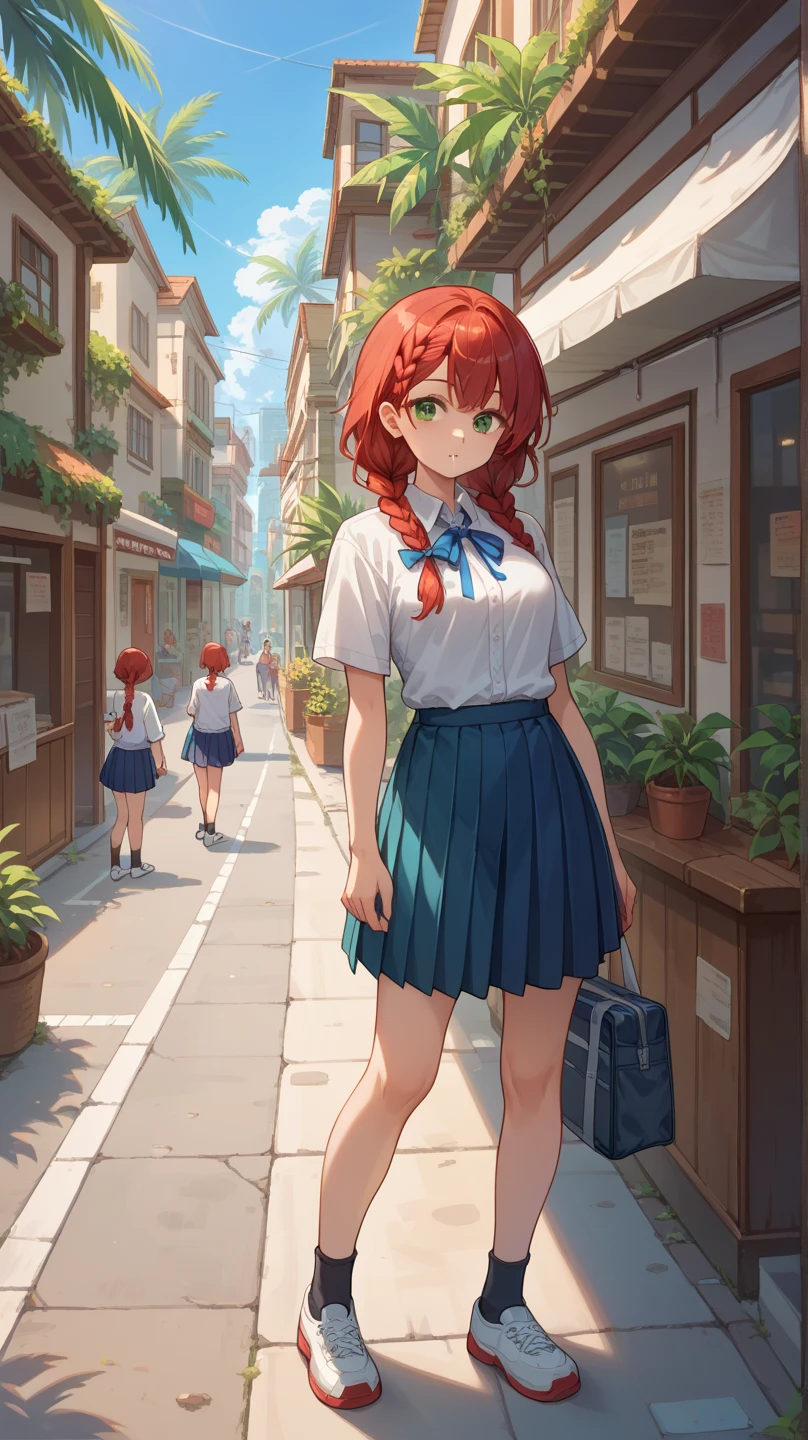 core_9, score_8_up, score_7_up, source_anime, 1girl, low twintails, (front braid, medium braid tails), red hair, green eyes, ??????????????, thin body, white shirt, blue ribbon, blue pleated skirt, black socks, white shoes, standing, street, town, tropical, looking at viewer