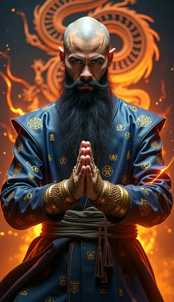 a 30 year old monk, in a leather suit that has blue runes and symbols on it, he has gloves, gloves has yellow runes on them, gloves are brass, portrait, he is doing a kung fu stance, aqua backplan, dark blue-black lighting, he has black and long beard, completely bald, orange-red imaginary dragon symbols at the background, pure energy surrounding his gloves, he has an orange fire aura
