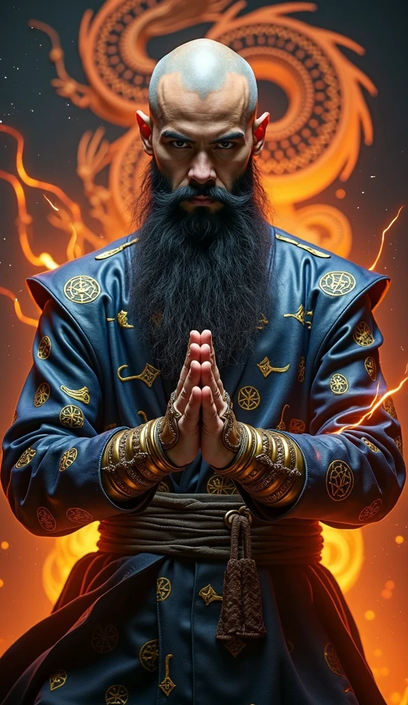 a 30 year old monk, in a leather suit that has blue runes and symbols on it, he has gloves, gloves has yellow runes on them, gloves are brass, portrait, he is doing a kung fu stance, aqua backplan, dark blue-black lighting, he has black and long beard, completely bald, orange-red imaginary dragon symbols at the background, pure energy surrounding his gloves, he has an orange fire aura