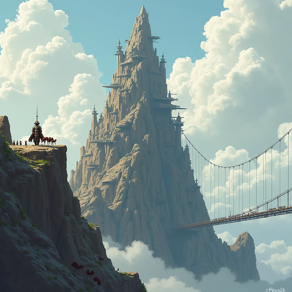 Digital illustration - To the left of the Queen's Throne, a sharp and pointed mountain appears, similar to a spear stuck in the ground. Carved out of vertical lines, its surface is filled with platforms and observation towers, with warrior ants on patrol, wearing armor made of shells and minerals.  The sky is charged , with gray clouds and a climate of tension in the air. A suspended bridge connects this mountain to another distant. The sensation is of readiness and defense.