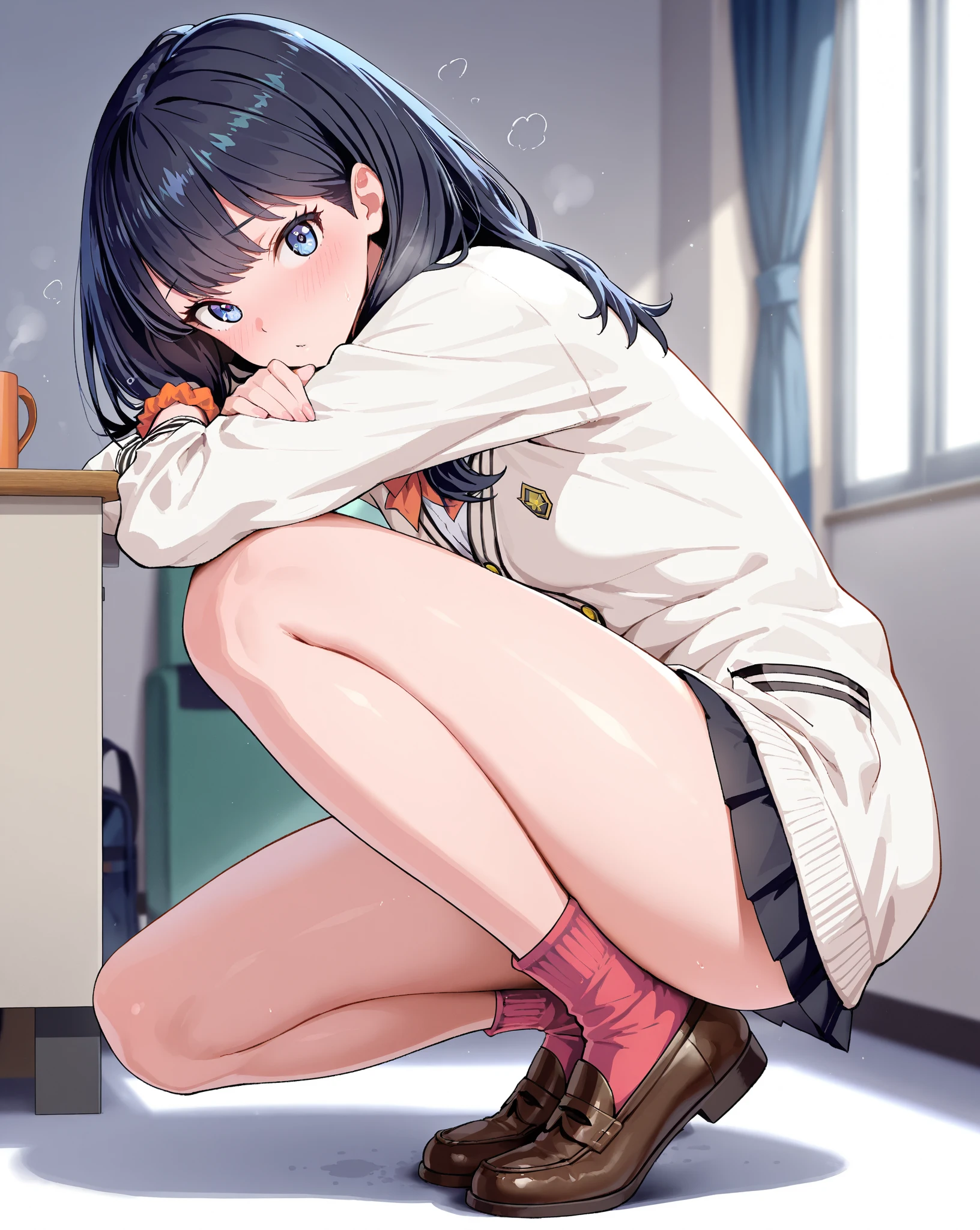 Minami Kotori、Minami Kotori、Brown Hair、(Degree of brown eyes:1.5)、One side up、ヘアribbon、ribbon、length、Rip off your blazer、Blue Skirt、Jacket、Otonokizaka uniform、Pleated skirt、、Winter clothes、Looking for viewers during break、Indoor break、classroom、break (masterpiece:1.2)、Highest quality、High resolution、unity 8k wallpaper、(Awareness-raising:0.8)、(Beautiful and fine details:1.6)、Highly detailed face、Perfect lighting、Extremely detailed CG、 (Perfect hands、Perfect Anatomy)、Look at the viewers、blush、Laughter、(White panties:1.3)、(Full-fledged panties:1.5)、School, Sit with your knees bent、eight-headed body、Beautiful feet 、On campus、As if looking up from below、(Put your knees on your chest),