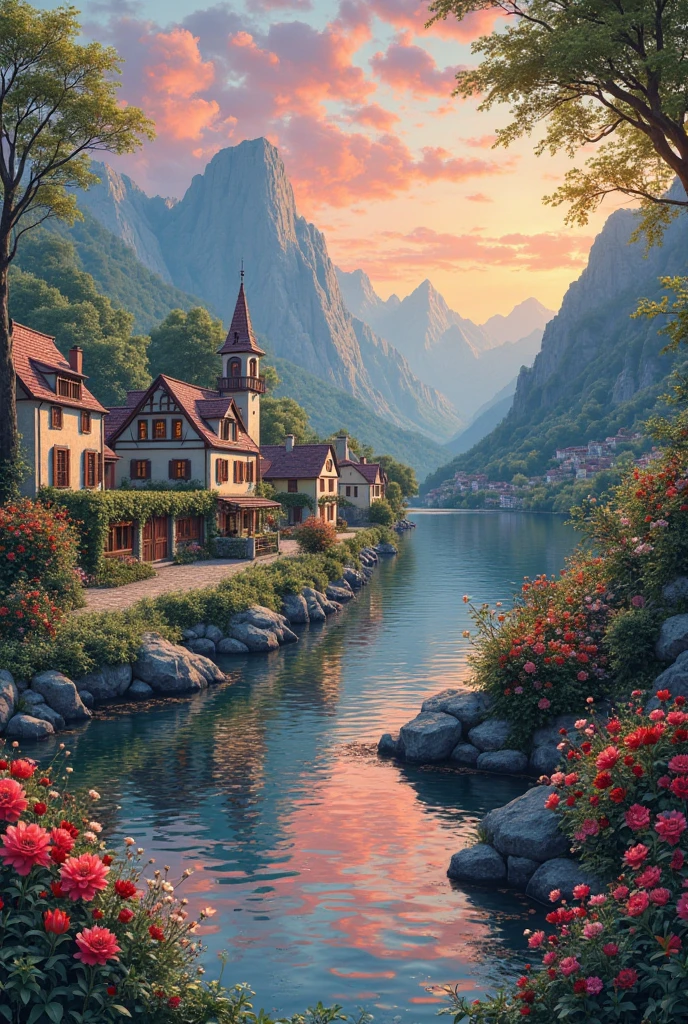 A small town by the river, mountains in the background, colorful floral flowers, detailed landscape, beautiful natural landscapes, atmospheric lighting, scorching sunset, warm colors, practical, photographic, detailed foliage, complex buildings, cobblestone street, charming country house, vibrant colors, lush vegetation, reflections in the water,  picturesque, idyllic, artwork, photos, 8K, penstilo, anime style