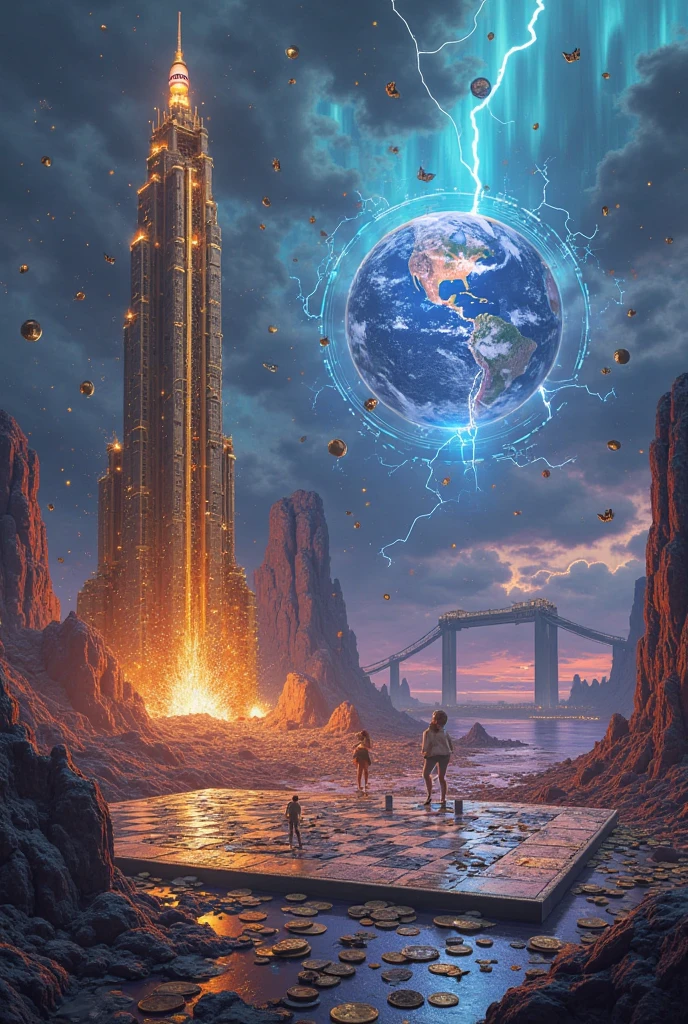 

---

**"Futuristic surreal landscape under a stormy sky,  with the following elements :  
1. **Monumental tower**: Combination of a rocket (SpaceX), A golden skyscraper (????? Tower ) and a giant iPhone (Apple), covered in cracks glowing with blue energy (failures transformed into strength).  
2. **Rain of money y microchips**: Floating bills mixed with electronic circuits and gold coins, illuminated by spotlights (Material and technological ambition).  
3. **Giant chessboard** burning: Broken pieces and queens crowned with Twitter logos, Tesla and Apple (power games and disruptive mindset).  
4. **holographic globe**: Surrounded by floating newspaper headlines, Incandescent emojis and hashtags (media dominance and global influence).  
5. **Bridge to Mars**: Made of broken glass and steel cables, illuminated by the northern lights (ambitious vision and extreme risk).  
6. **Neon storm**: Lightning bolts shaped like ascending arrows and melting crowns (charismatic but controversial leadership).  
 style: Hyper-detailed digital painting, Dark palette with neon details (purple, dorado, ), Chaotic but epic atmosphere. Inspired by cyberpunk and magical realism."**  

---

### Clear Symbology:  
- **Rain of money +  technology **: Material ambition and innovation.  
- **Hybrid tower**: Fusion of their legacies (space, luxury,  technology ).  
- **Tablero burning**: Breaking rules to win.  
- **Bridge to Mars**: Vision that defies physical and social limits.  
- **Melting crowns**: The Price of Polarizing Leadership 
- **broken watches ** on the ground → Challenge to the time (Legacies that transcend decades).  
- **robotic hands ** rising from the ground 