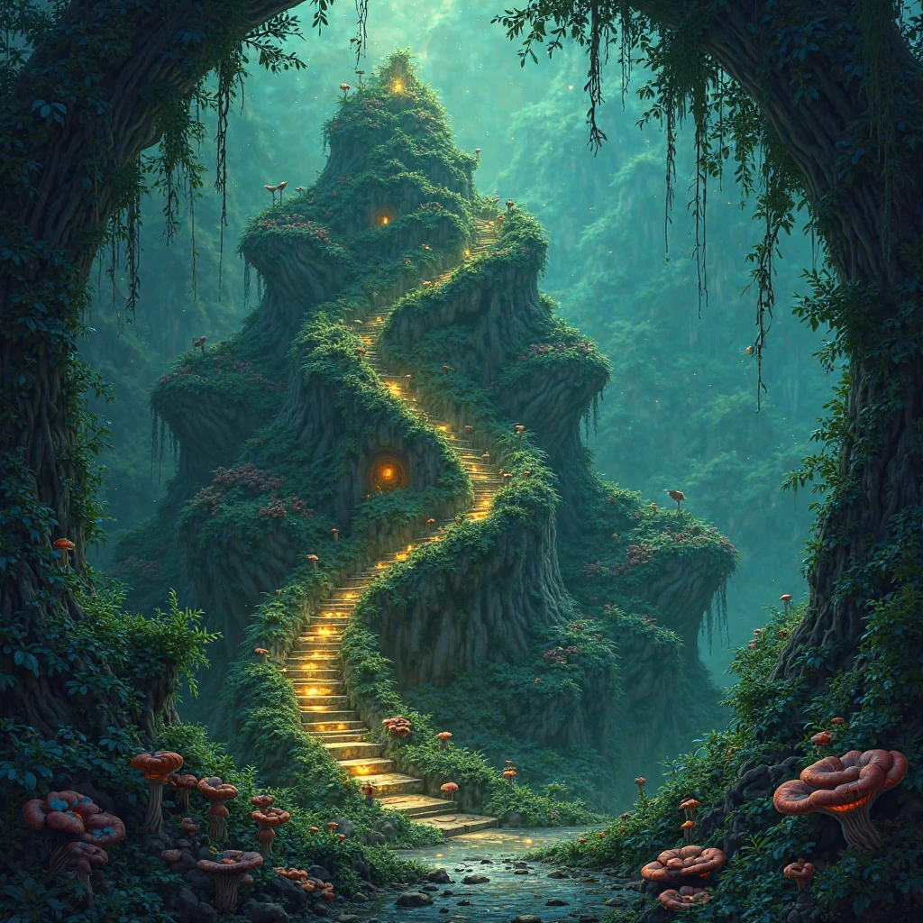 Digital illustration — To the right of the Queen's Throne, a mountain shaped like a double spiral, with sculpted natural staircases that rise in circles. Dentro, Soft luminescence seeps out of the caves where ancient ants store records of fossilized leaves and memory resins. The surrounding vegetation is mysterious, filled with giant mushrooms and hanging vines. It&#39;s night, and the mountain shines lightly with green and gold lights,  creating an almost ethereal effect . The air seems to vibrate with ancient wisdom.