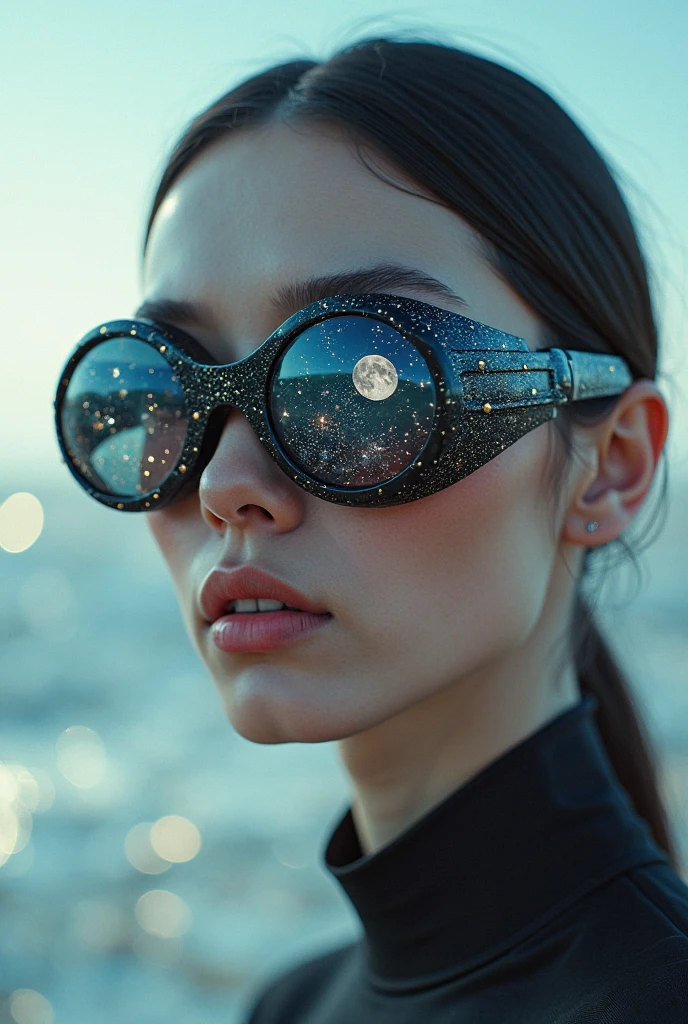 The model is wearing glass sunglasses with stars and the moon on the glass