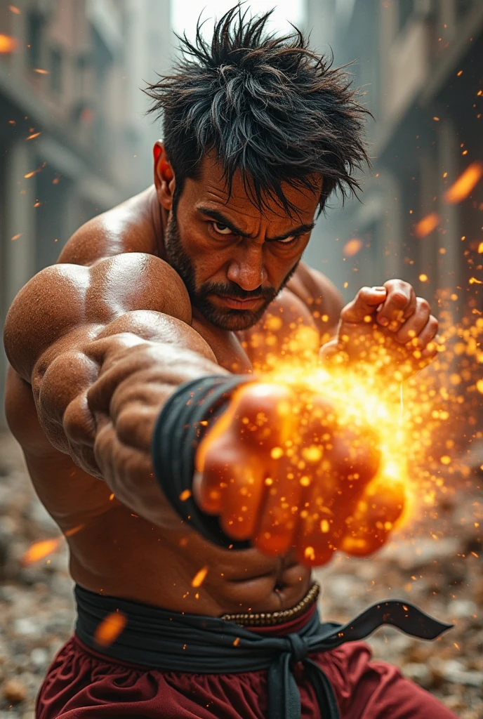 extremely detailed face, muscular body, intense expression, fighter in action, dynamic pose, intense light, sweat dripping, dramatic shadows, dark background, high contrast, powerful punch, martial arts style, martial arts clothing, determination, strength and power, fire effects, energy aura, professional digital illustration, vibrant colors, cinematic feel, masterful brushwork, realistic shading, epic atmosphere. (best quality, HDR, ultra-detailed, realistic: 1.37), (digital art), (portraits), (high contrast), (intense lighting), (strong colors), (dynamic pose), (fire effects), (action).