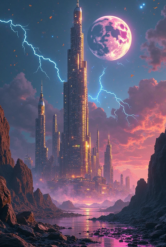 landscape,  with the following elements :  
1. **Monumental tower**: Combination of a rocket (SpaceX), A golden skyscraper (Trump Tower ) and a giant iPhone (Apple), covered in cracks glowing with blue energy (failures transformed into strength).  
2. **Rain of money y microchips**: Floating bills mixed with electronic circuits and gold coins, illuminated by spotlights (Material and technological ambition).  
3. **Giant chessboard** burning: Broken pieces and queens crowned with Twitter logos, Tesla and Apple (power games and disruptive mindset).  
4. **holographic globe**: Surrounded by floating newspaper headlines, Incandescent emojis and hashtags (media dominance and global influence).  
5. **Bridge to Mars**: Made of broken glass and steel cables, illuminated by the northern lights (ambitious vision and extreme risk).  
6. **Neon storm**: Lightning bolts shaped like ascending arrows and melting crowns (charismatic but controversial leadership).  
 style: Hyper-detailed digital painting, Dark palette with neon details (purple, dorado, ), Chaotic but epic atmosphere. Inspired by cyberpunk and magical realism."**  

---

### Clear Symbology:  
- **Rain of money +  technology **: Material ambition and innovation.  
- **Hybrid tower**: Fusion of their legacies (space, luxury,  technology ).  
- **Tablero burning**: Breaking rules to win.  
- **Bridge to Mars**: Vision that defies physical and social limits.  
- **Melting crowns**: The price of polarizing leadership.  

Do you want to add something else? For example:  
- **broken watches ** on the ground → Challenge to the time (Legacies that transcend decades).  
- **robotic hands ** rising from the ground 