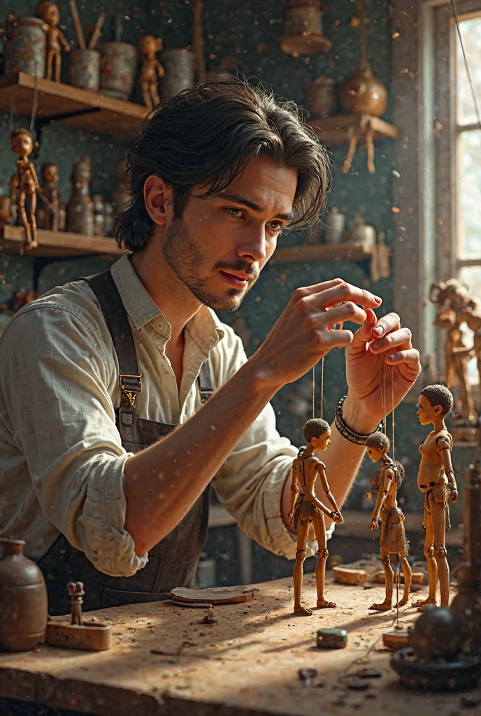 A  handsome puppet maker, with black hair and brown eyes, 