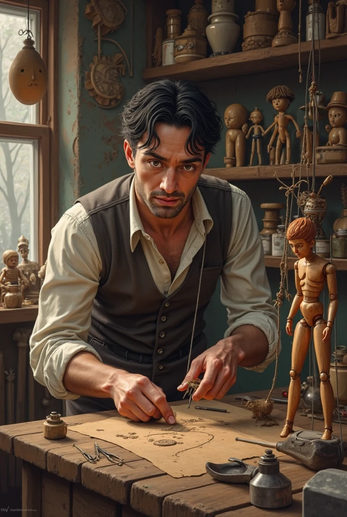 A  handsome puppet maker, with black hair and brown eyes, 