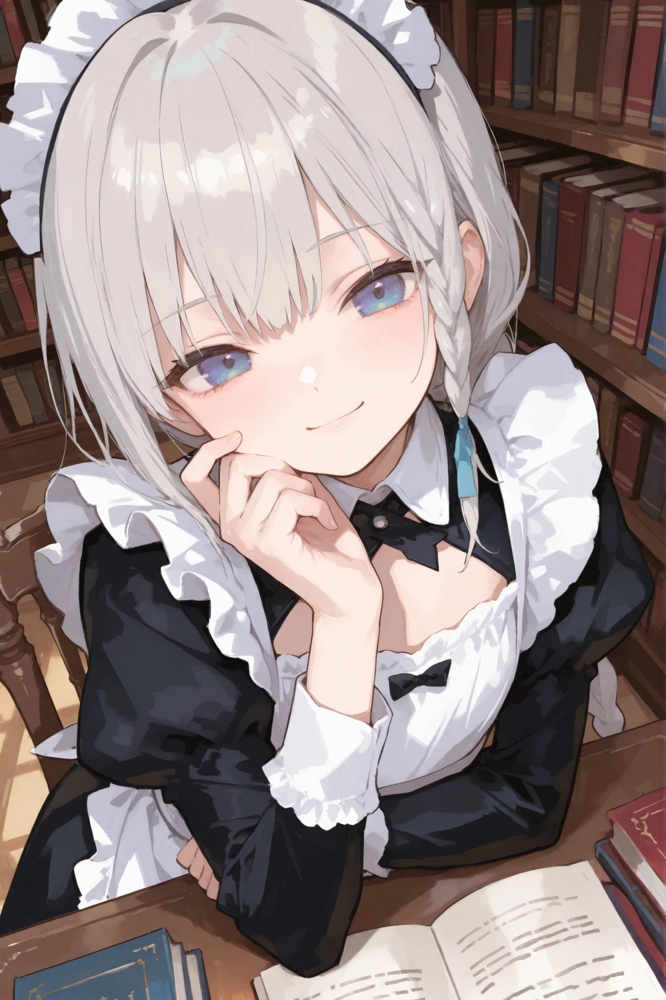 best quality, girl, smile, classic maid costume, flat chest, silver hair ,long braid, blue eyes, library , rest one's chin on one's desk, from above, look at viewer, in the nigth, 