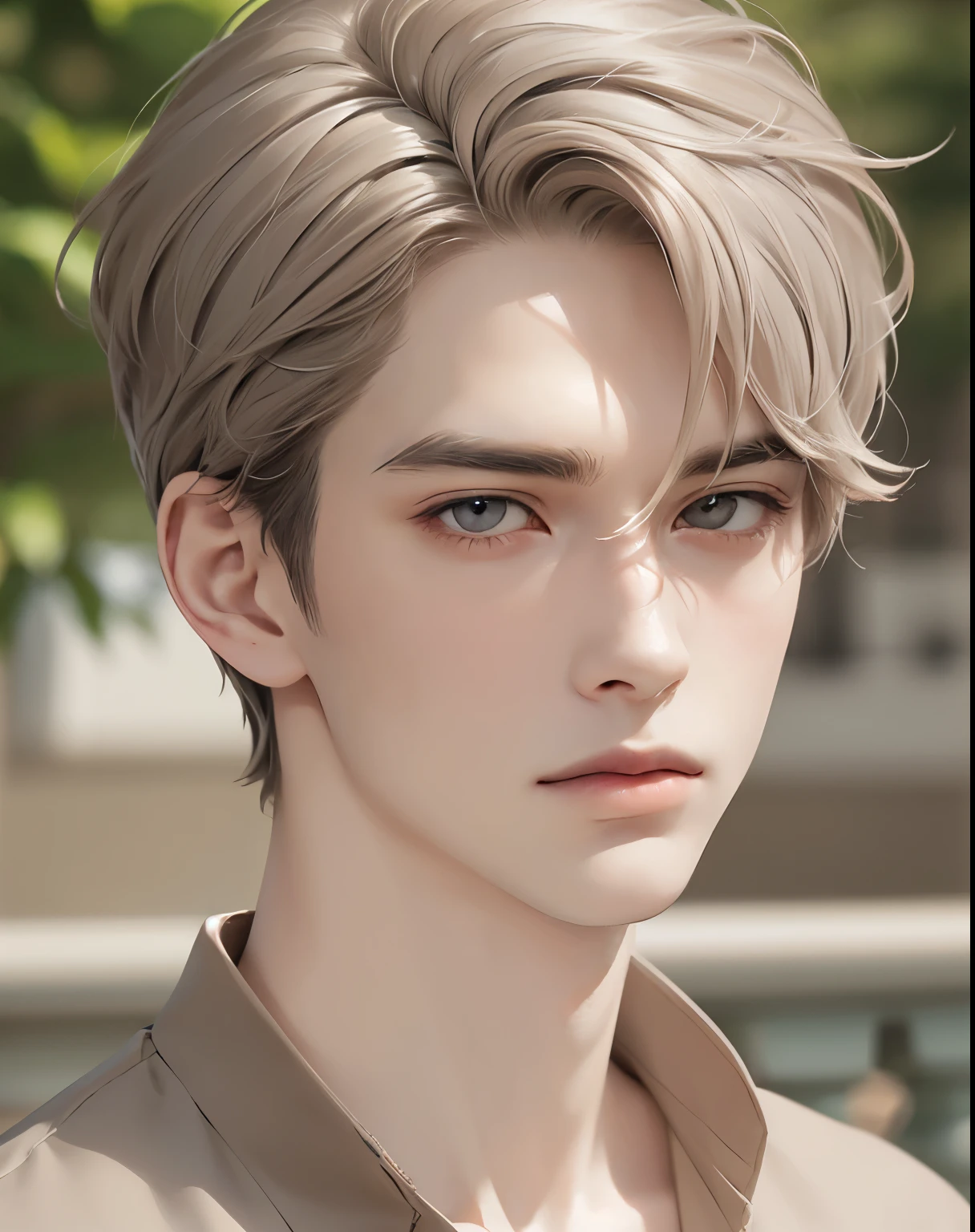 a portrait of a handsome artificial intelligent man, short taupe hair. Black eyes. Casual clothes. Calm but unsettling aura. wearing a light plain shirt. A half body portrait. Highly detailed eyes, anime eyes, and detailed lashes. Ultra-realistic, highly detailed, 4K quality, best quality, Award Winning quality, cinematic masterpiece. (Neat short taupe hair:1.5), (black eyes:1.3), (casual clothes:1.4), (half body portrait:1.5), (neutral expression:1.0), (focused atmosphere:1.7), (bright lighting:1.5), (Artificial Intelligent man:1.5), (pale skin:1.7)