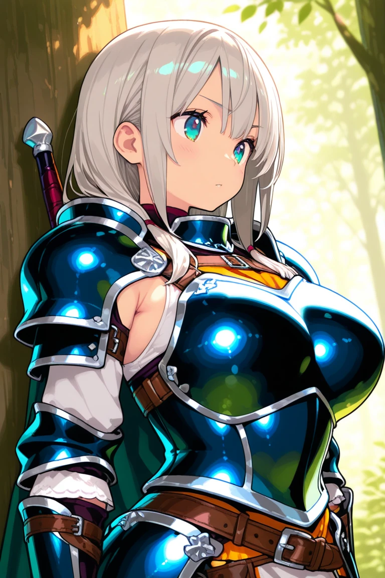 shirogane noel,1girl,solo,shirogane noel costumes,super huge breasts,looking at viewer,near,worried-looking,Bending forward posture,Taken from the front,in the forest