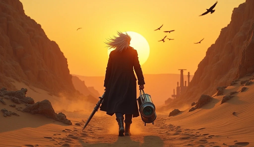 Visual Composition:

Canvas: Vertical format — optimized for mobile platforms.

Color Palette: Warm desert oranges + cold steel/silver contrast = unique visual punch.

Vibe: Mysterious, lone warrior walking death into the wastelands.

Subject Placement:

Main Subject (the man) is standing in the center, framed by two large sand dunes on either side.

The sun is setting behind him, creating a halo effect around his wild, wolf-like silver hair.

Man’s Look:

Wears a long black coat that flaps violently in the desert wind. The coat is dust-stained, worn from battle.

His left hand holds a futuristic killing tool – shaped like a chrome pipe with a sharp blade, and a metal coil running through it, glowing faintly blue.

His right hand drags a heavy cylinder with two tiny wheels, leaving a trail in the sand. The cylinder hisses, releasing smoke from vents.

His boots are cracked and sun-beaten, but he walks with purpose.

Environment:

Cracked desert earth underfoot.

In the far background, some wreckage of a futuristic outpost or ship partially buried in sand.

Bones of old enemies poking out from the dunes.

Vultures circling overhead add a sinister touch.

