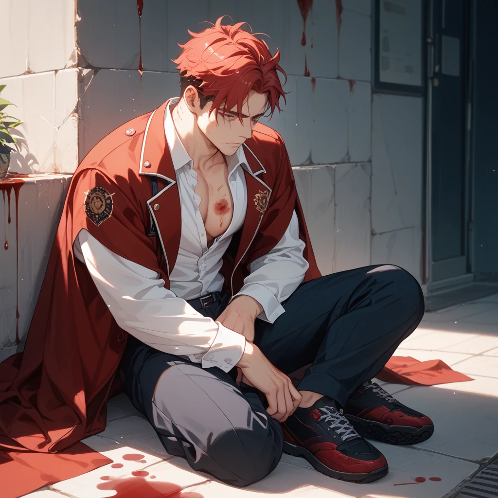 (masterpiece, best quality, high quality), 1young man, ((not impressed)), sitting, looking at the viewer, red hair, (long hair, disheveled hair), yellow eyes, :(, hair ponytail, black and red clothes, blood, sinister background