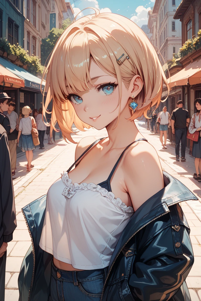 2D Anime Style、Blue eyes、Beautiful shining eyes, (Talented lo-fi:1.3),breasts are slightly larger、high and beautiful nose,Beautiful face with slender contours,A cool adult woman with short blonde hair and an angry expression looking up...................、Fashion that shows cleavage, he is wearing an unbuttoned shirt and shorts。。。。。。..,walking down the streets of america,