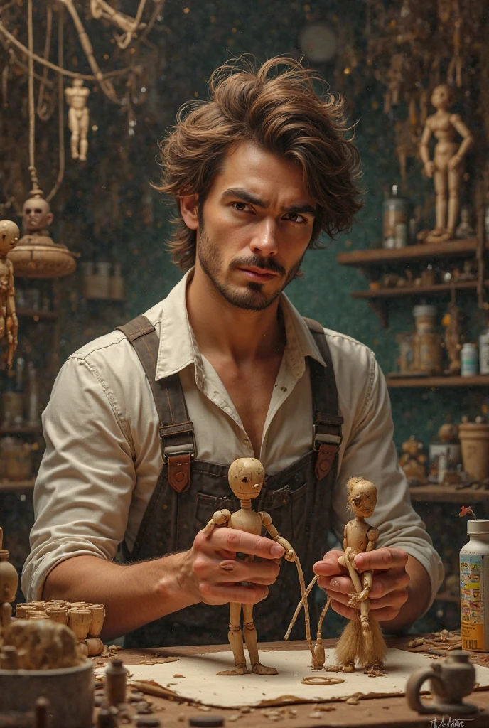 Handsome  puppet maker with back messy hair and brown eyes