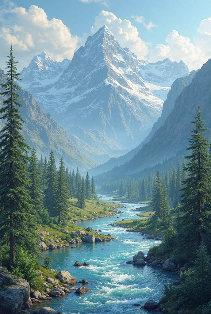 make a picture of mountain scenery, There are rivers and trees.