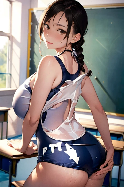 nsfw,Highest quality、In 8K、masterpiece、Hmph、超A high resolution、RAW Photos、(Photorealistic:1.3)、Natural soft light、(Depth of written boundary)、Slender、(whole body:1.2)、From behind、Detailed face and eyes、Realistic、Sharp pupils、Inside the warehouse、(Dynamic action poses)、Beautiful Face、Beautiful girl of 36 years old、Glowing Skin、(Braid:1.2)、Beautiful black hair、Red Eye、(blush:0.7)、Embarrassed face、Sweat、(School Swimsuit:1.8)、(Thighs Thighs Thighs Thighs:0.8)、Hips、(Huge Breasts:1.7)、(((Angle from behind:1.4)))、Erect nipples:1.4、Small nose、Small Nose、((vagina、SEX:1.5、Strong man))、Attractive ass