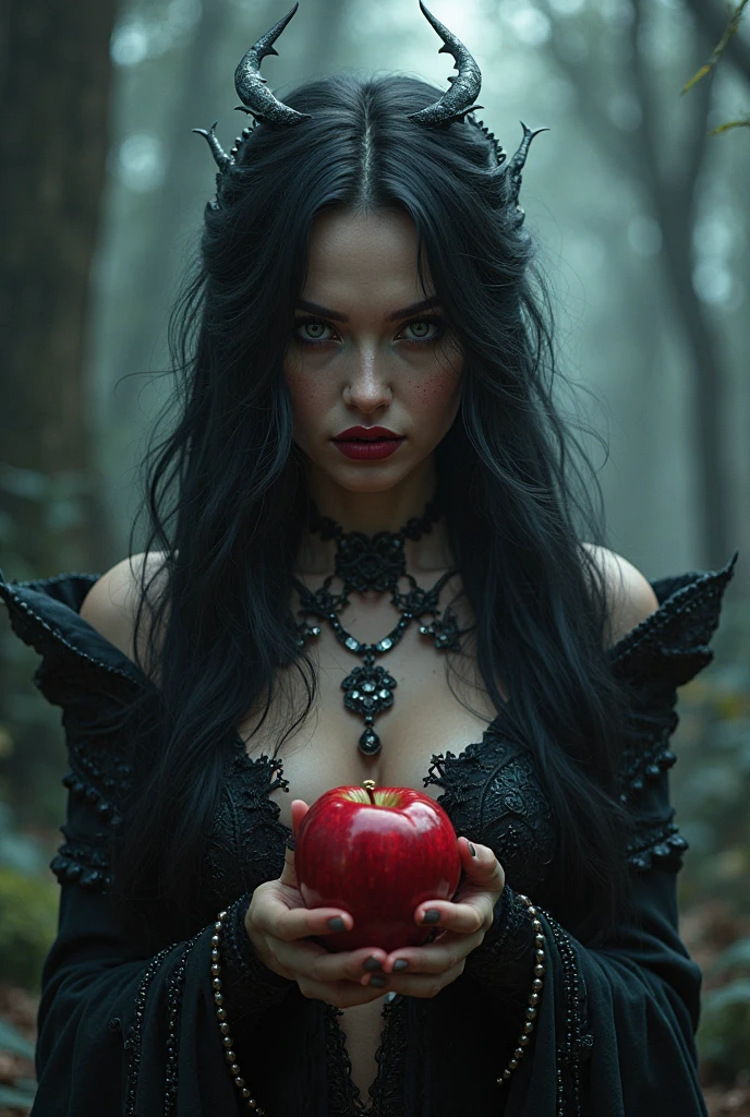 On a completely dark dawn in a forest, a beautiful and hot brunette witch with very large breasts, an hourglass figure body, exudes voluptuousness, temptation and pleasure, wearing a beautiful and sensual corset and on top a completely transparent black cloak, the red color of a lipstick gives even more sensuality, her legs are beautiful and shapely and she wears vinyl boots that cover her feet up to the knees, she is outside a house that seems to have come from a fairy tale, in the witch's hands is a beautiful and juicy apple, but this is not a story of Snow White, in fact the witch is there to seduce someone, she will use all her knowledge in the Art of Seduction, after all she is there to satisfy all her debauchery with someone who lives in that house, pleasure, voluptuousness, debauchery and fulfillment of the wildest desires will dominate the night. Full body photography, ultra realistic photography, cinematic lighting, long black hair,Black Queen,Accessories,apple in hand, Lilith,poisonous apples,Witch Queen,red lipstick, not looking at the camera