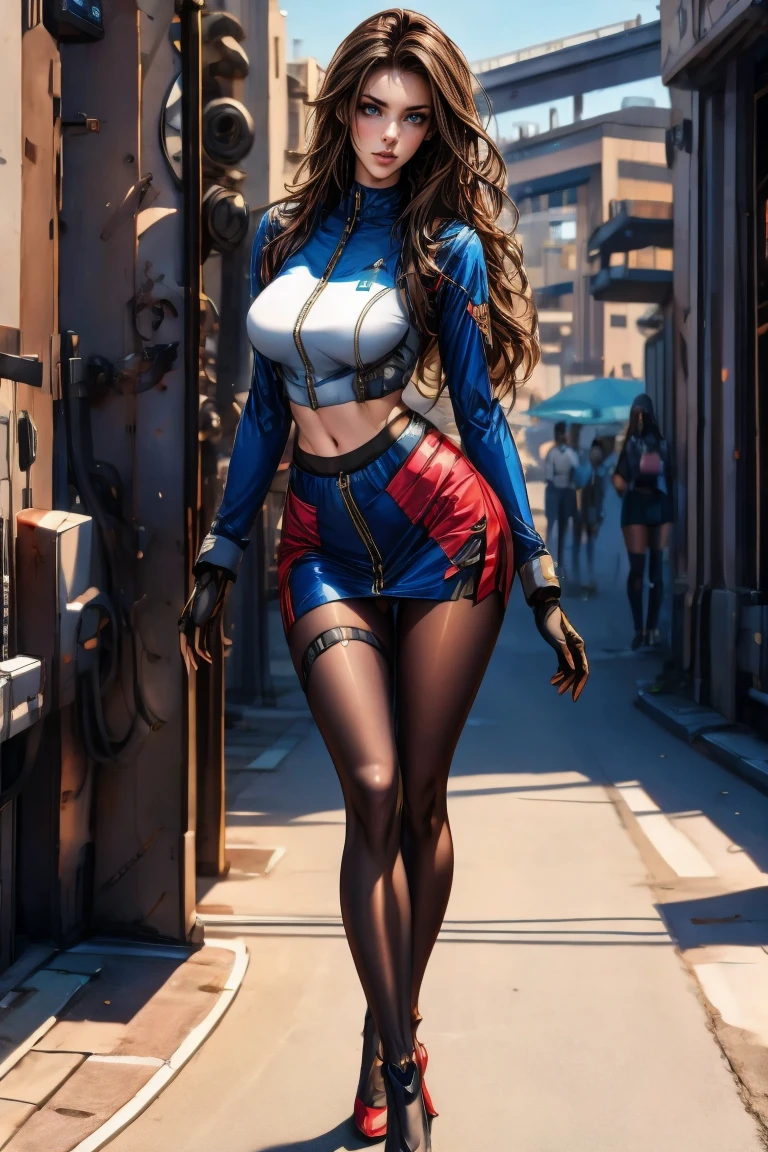 Symmetrical full-body portrait of a woman standing at a low angle, From below, Grim expression、Hands on hips, Large Breasts、Long Hair、Curly hair、Partly torn military uniform、soldier、war、The background is a burning battlefield