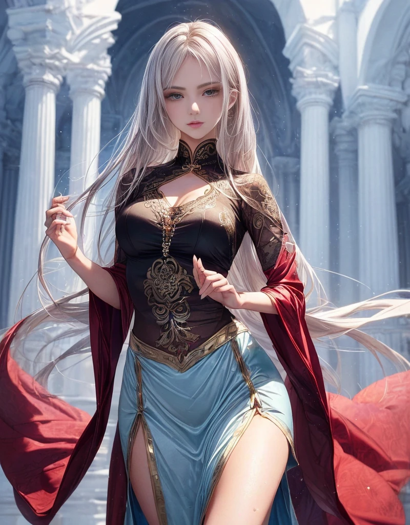 full body shot, 1girl, fantasy sorceress, mage robe, leg slit, blonde, legs, mossy stone walls in background,