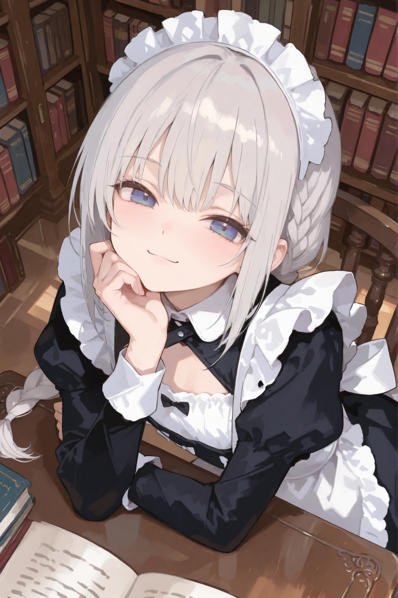 best quality, girl, smile, classic maid costume, flat chest, silver hair ,long braid, blue eyes, library , rest one's chin on one's desk, from above, look at viewer, in the nigth, 