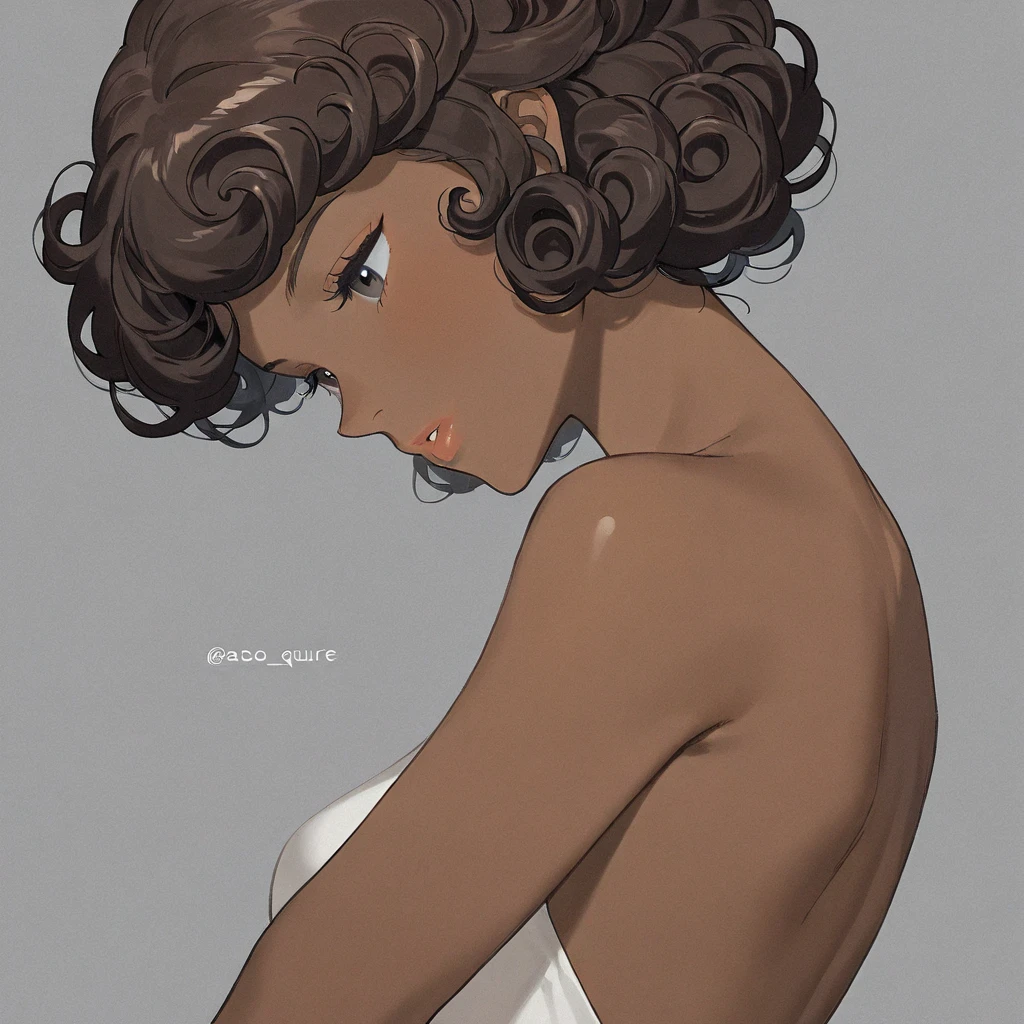 (masterpiece:1.2)

- A woman with dark skin, brown curly hair, slim, slender body, tall, slightly muscular, small breasts, gold eyes, curly hair, dark skin.

-curly hair, layered curly hair, short curly hair.

-slim, tall, slightly muscular, small breasts, flat chest, slender, lean.

-dress in a white strapless bridal gown.

-mature female, adult woman. Mature, adult.

-simple grey background.

- close-up shot. Portrait shot.