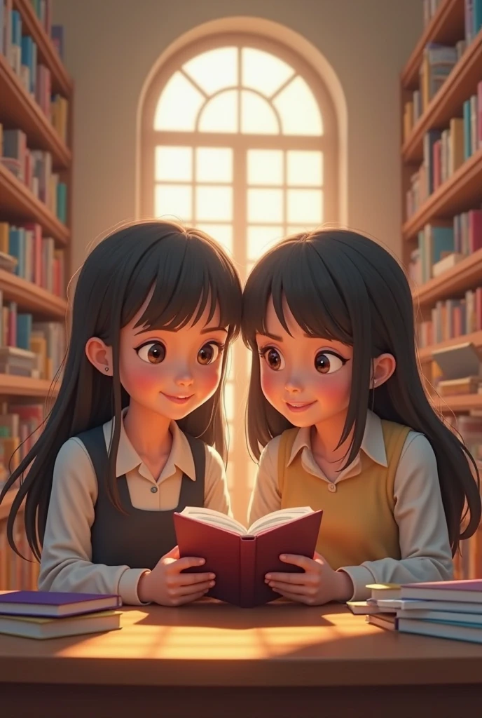 Generate an image of a girl asking another girl whose book she is holding