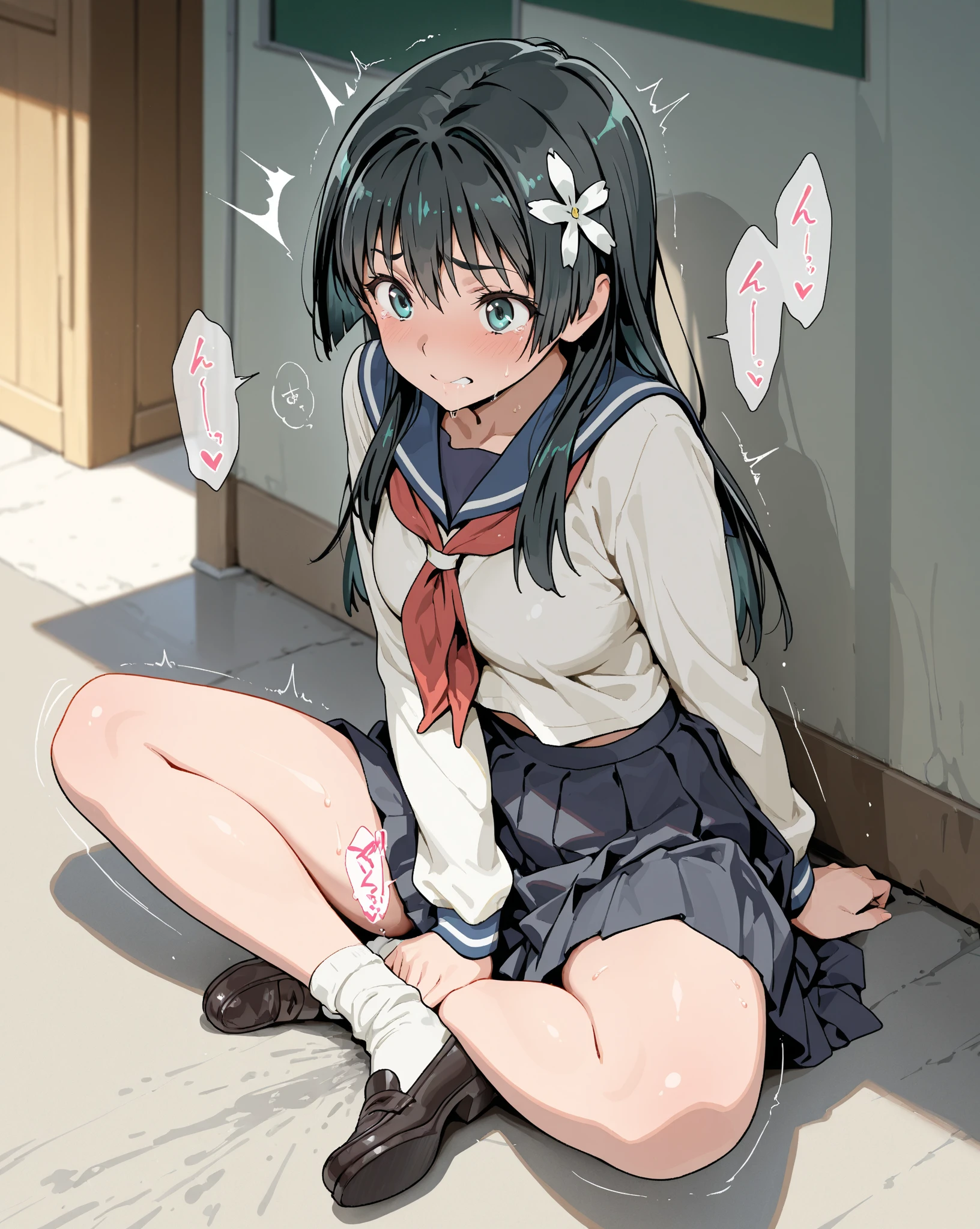 masterpiece, ultra quality, ultra sharp, ultra detailed, 1girl, solo, (good anatomy), haduki kurumi, (tattered torn dripping wet white gym shirt), navy gym pants, animal ears, randoseru, name tag, Japanese anime pose, laugh, BurumaShorts, Buruma, Gym Uniform, (((lying:1.4, spread_legs, legspread, split_legs, spreading legs)), (randoseru backpack:1.4), (((smirk smile))):1.4, buruma, blue buruma, black buruma, (cameltoe), (tattered torn short sleeve white gym uniform with colored hem), (tiny ), (white long loose socks), strong lighting, legspread, bukkaken clothesum on legs, cum buruma, cum oloomers,